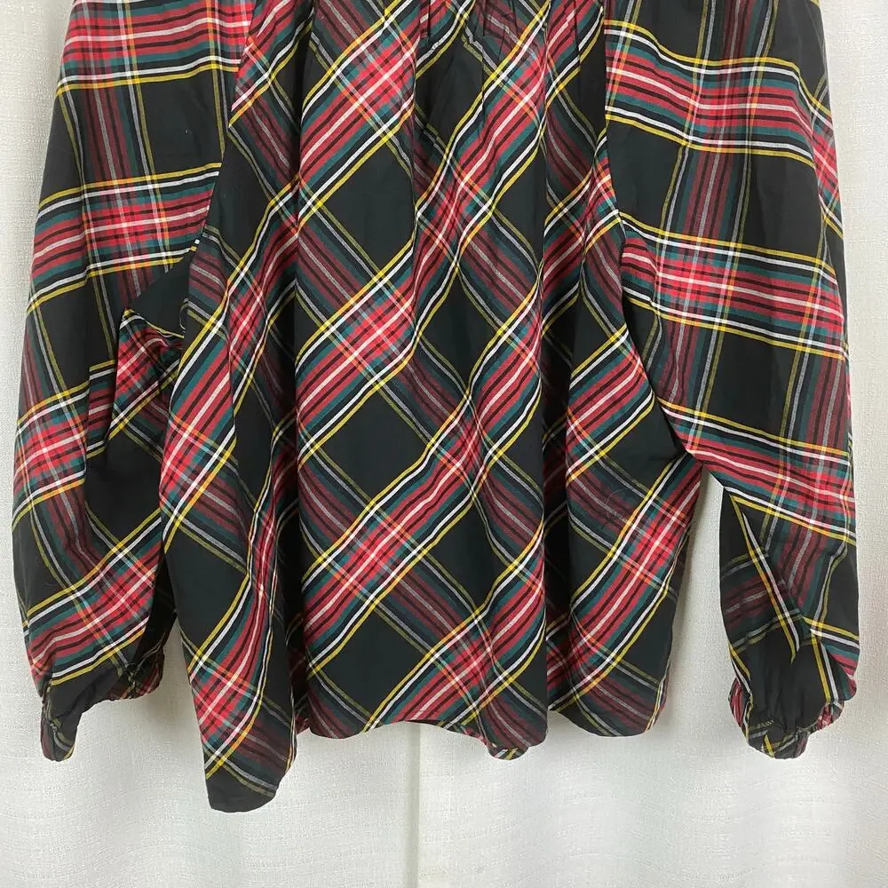 J.Crew Black&Red Holiday Plaid Puff Sleeve Blouse Sz.L NWT